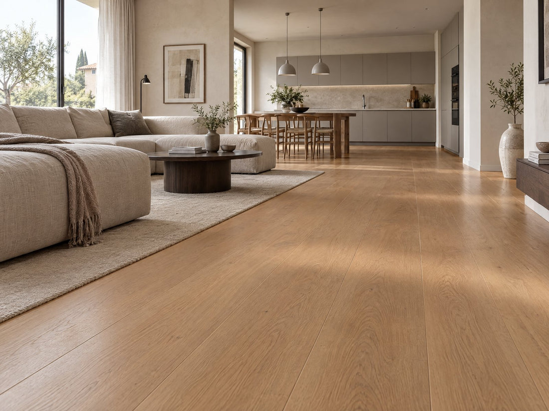 Pavimento in legno a doghe lunghe in un soggiorno con cucina a vista